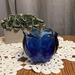 Vintage Design Guild Spain Cobalt Blue Candle Holder Bowl Footed Tulip Heavy
